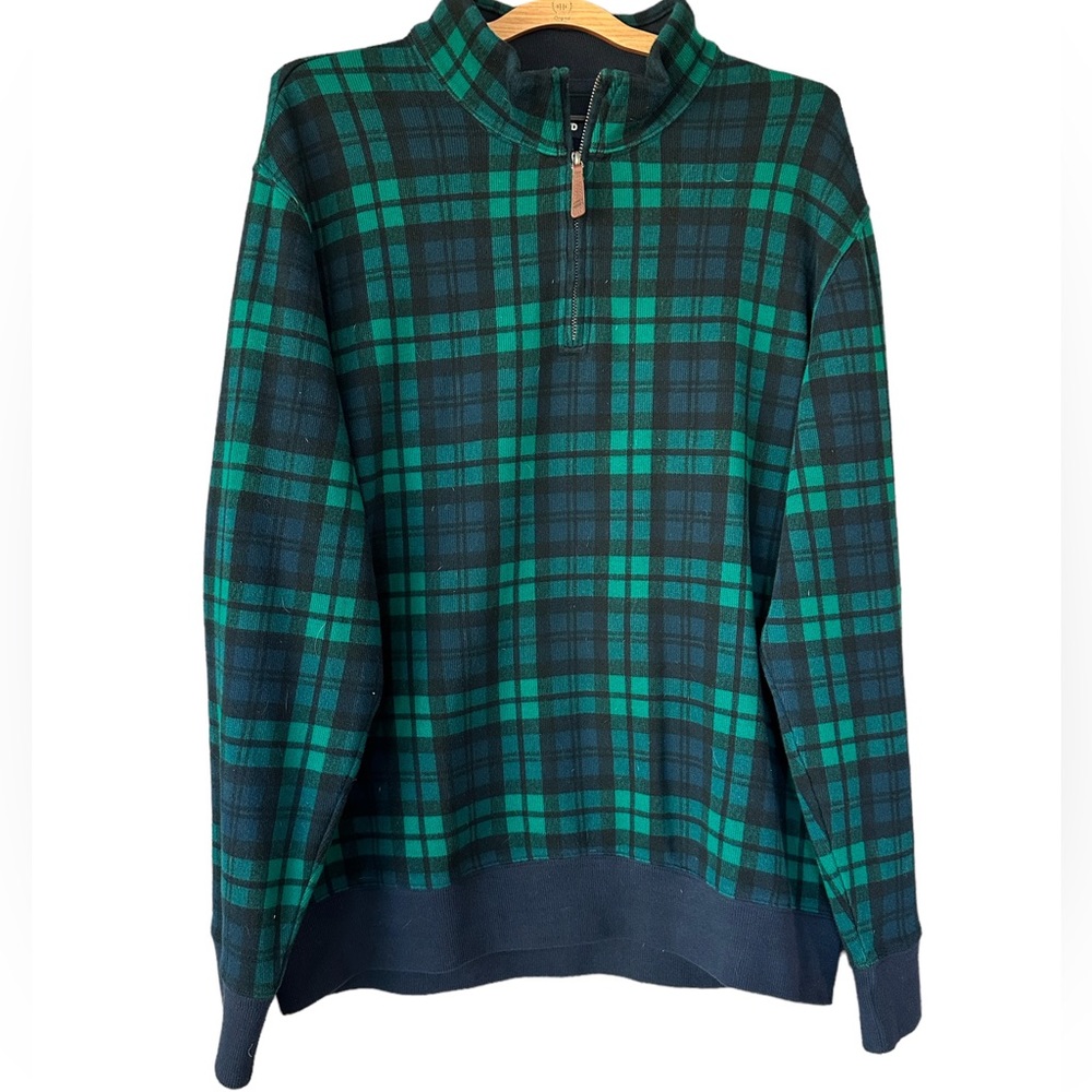 Lands End Men's Plaid 1/4 Zip Cotton Knit Sweater Size XL 46-48